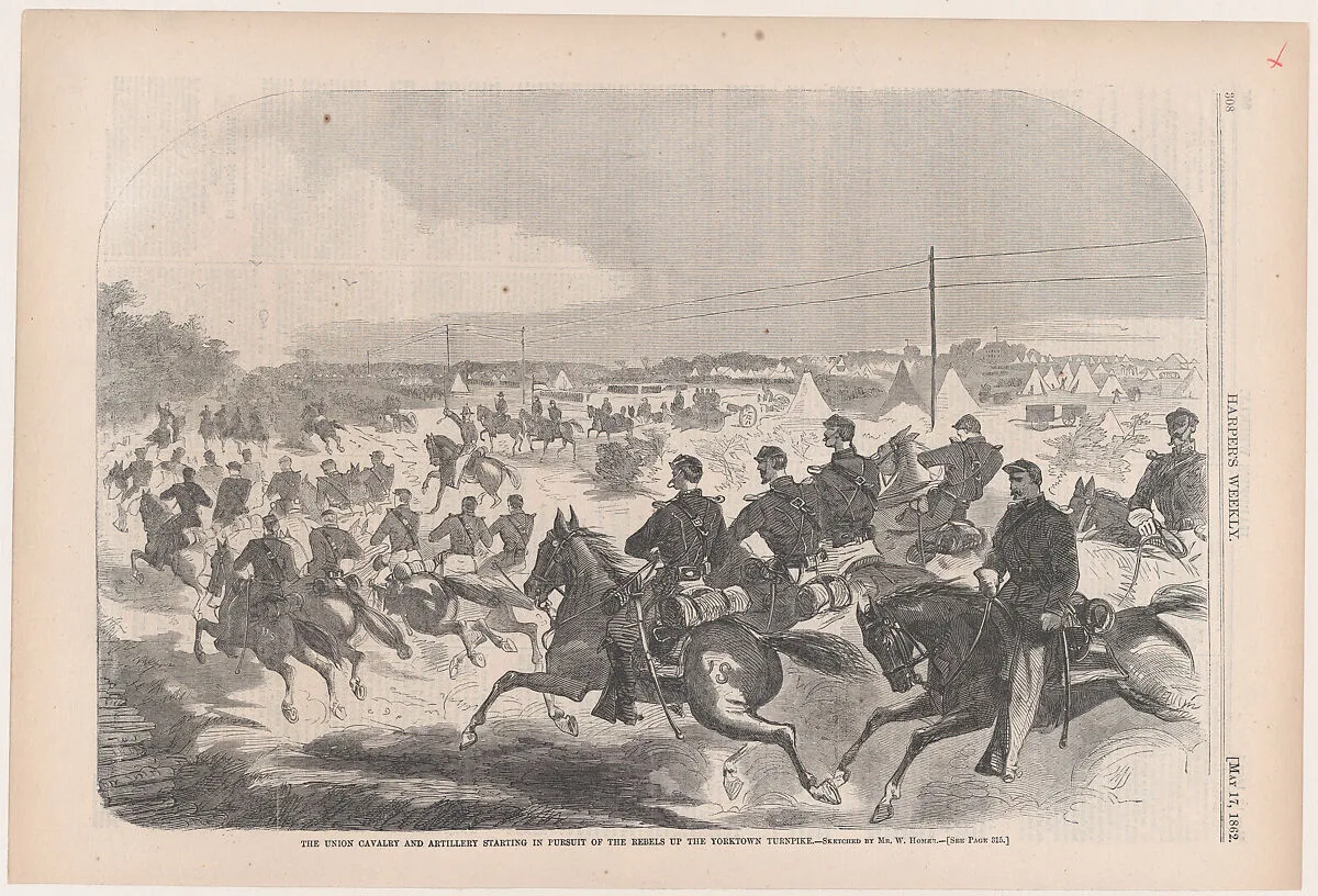 The Union Cavalry and Artillery Starting in Pursuit of the Rebels up the Yorktown Turnpike (from "Harper's Weekly," Vol. VI) — Winslow Homer|Harper's Weekly|Harper & Brothers