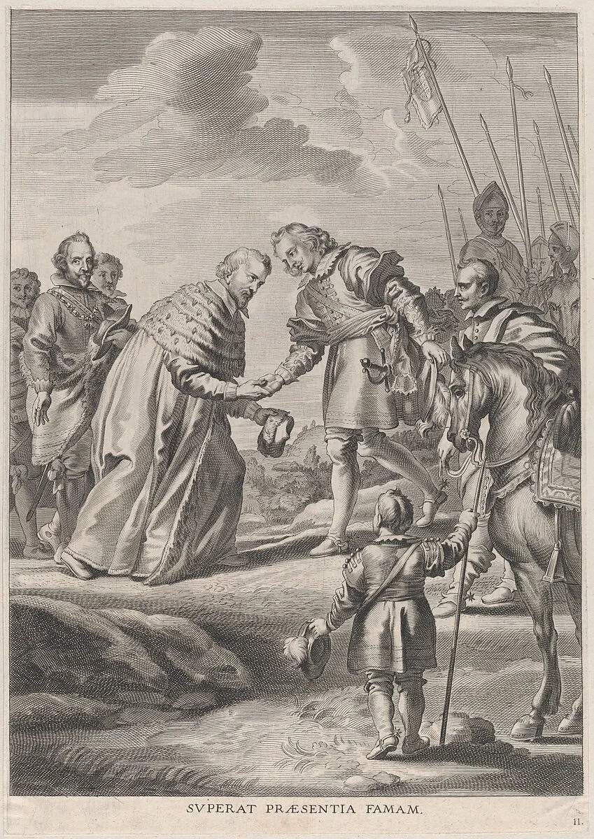 Plate 11: Ferdinand greeted by the Elector of Cologne; from Guillielmus Becanus's 'Serenissimi Principis Ferdinandi, Hispaniarum Infantis...' — Pieter de Jode II|Cornelis Schut|Johannes Meursius