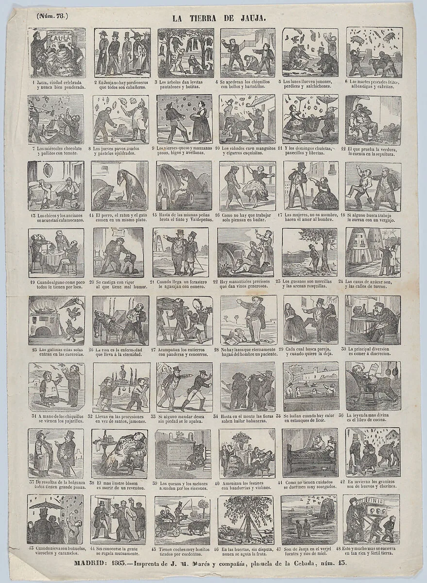 Broadside with 48 scenes depicting the land of Jauja — José María Marés