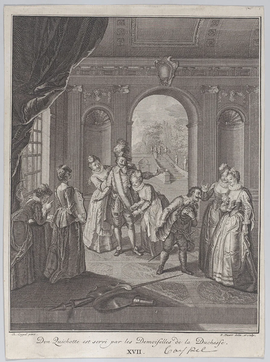 Plate 17: Don Quixote is served by the ladies of the Duchess (Don Quichotte est servi par les Demoiselles de la Duchesse) — Charles Antoine Coypel|Bernard Picart