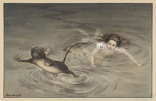 Alice and the Mouse in the Pool of Tears, illustration for "Alice's Adventures in Wonderland" (Harper & Brothers, 1902) — Peter Newell|Lewis Carroll
