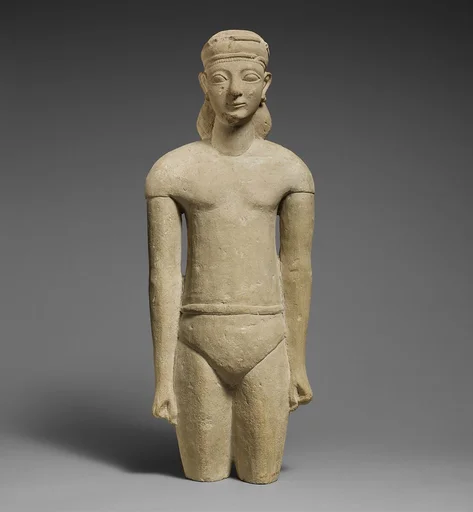 Limestone statuette of a male votary with Cypriot shorts and a diadem