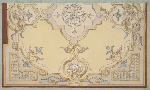 Partial design for the decoration of a ceiling with scrolls and swags of fruit
