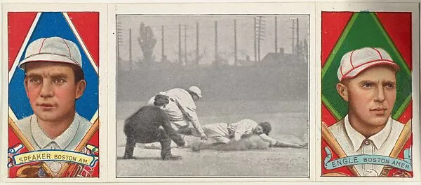 "Engle in a Close Play," with Clyde Engle and Tris Speaker, from the series Hassan Triple Folders (T202) — Hassan Cigarettes