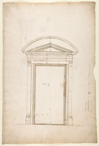 San Lorenzo, Library, Ricetto, entry portal from library, elevation (recto) San Lorenzo, Library, Ricetto, entry portal from library, plan and section (verso)