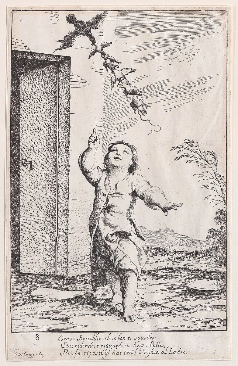 Plate 13: Bertoldino with birds carried off by a kite, from "Bertoldo, Bertoldino, and Cacasenno" — Giuseppe Maria Crespi