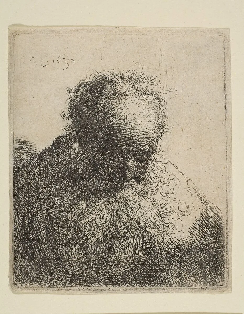 Bust of an Old Man with a Flowing Beard: the Head Bowed Forward: Left Shoulder Unshaded — Rembrandt (Rembrandt van Rijn)
