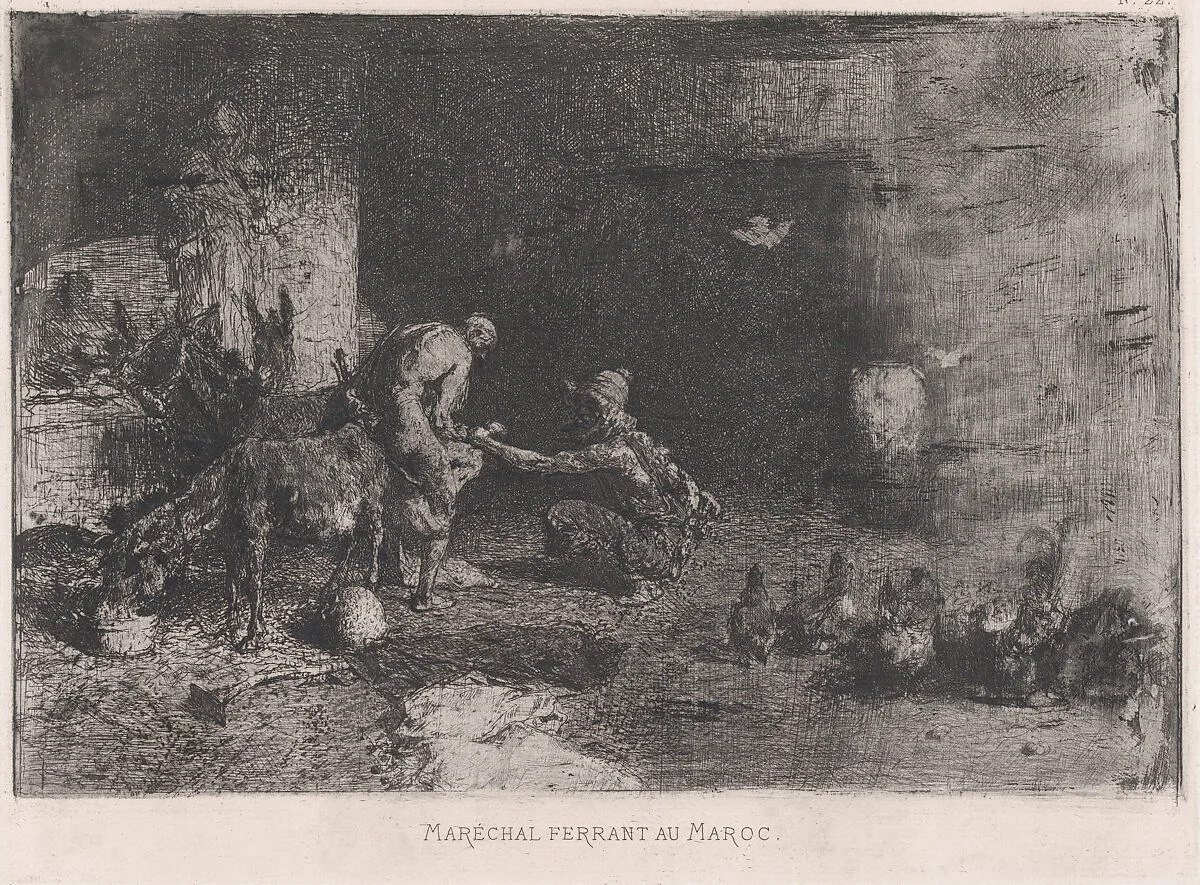 A Morrocan farrier at left accompanied by another figure attending to the hoof of a mule — Mariano Fortuny, 1838–1874