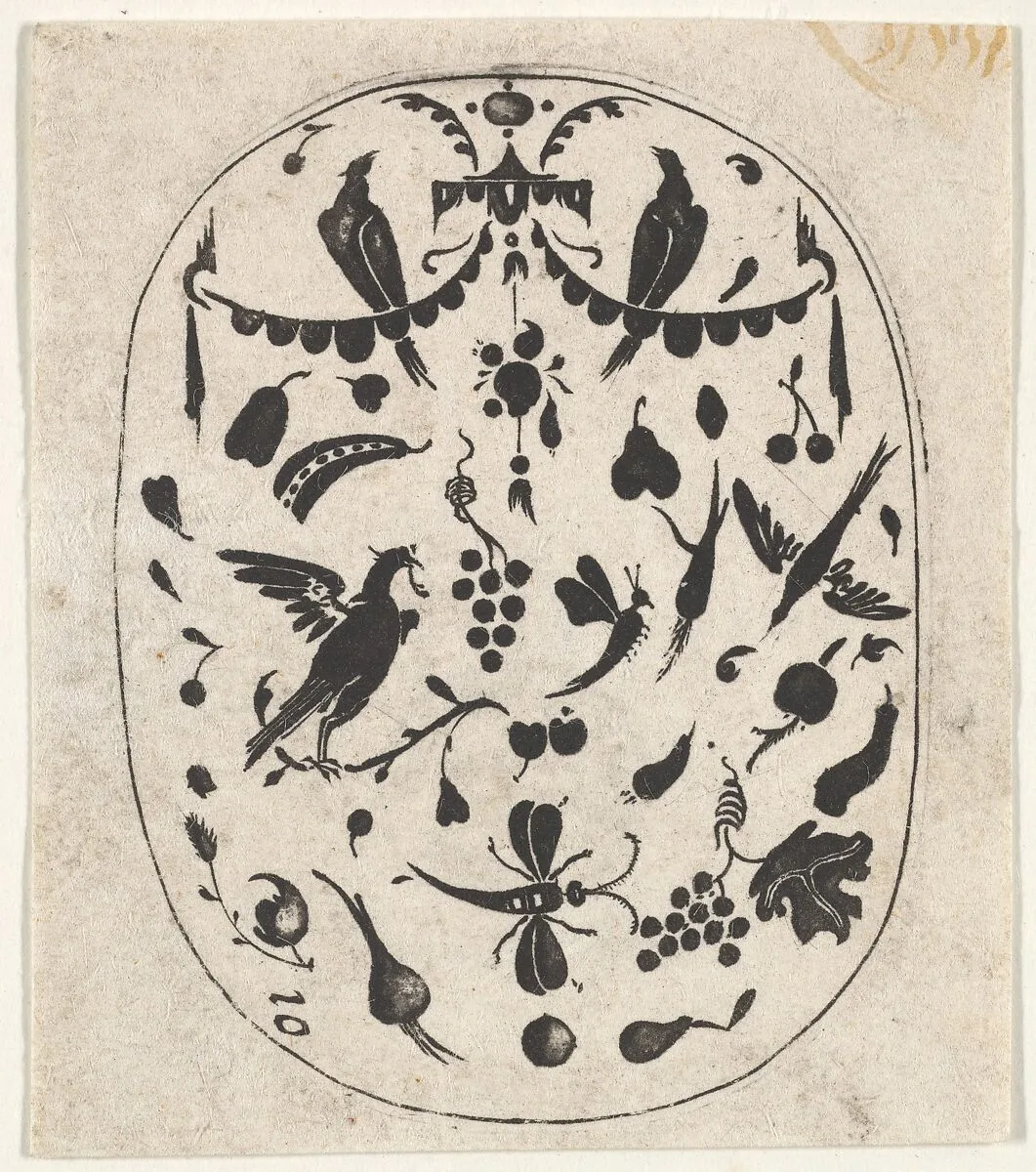 Oval Blackwork Print with Birds, Insects and Fruits — Claes Jansz. Visscher|Hertzog von Brin