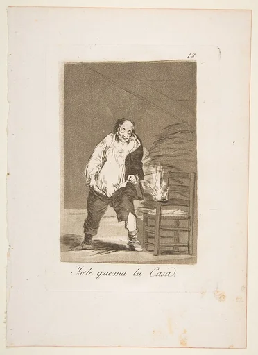 Plate 18 from "Los Caprichos": And his house is on fire (Ysele quema la Casa)