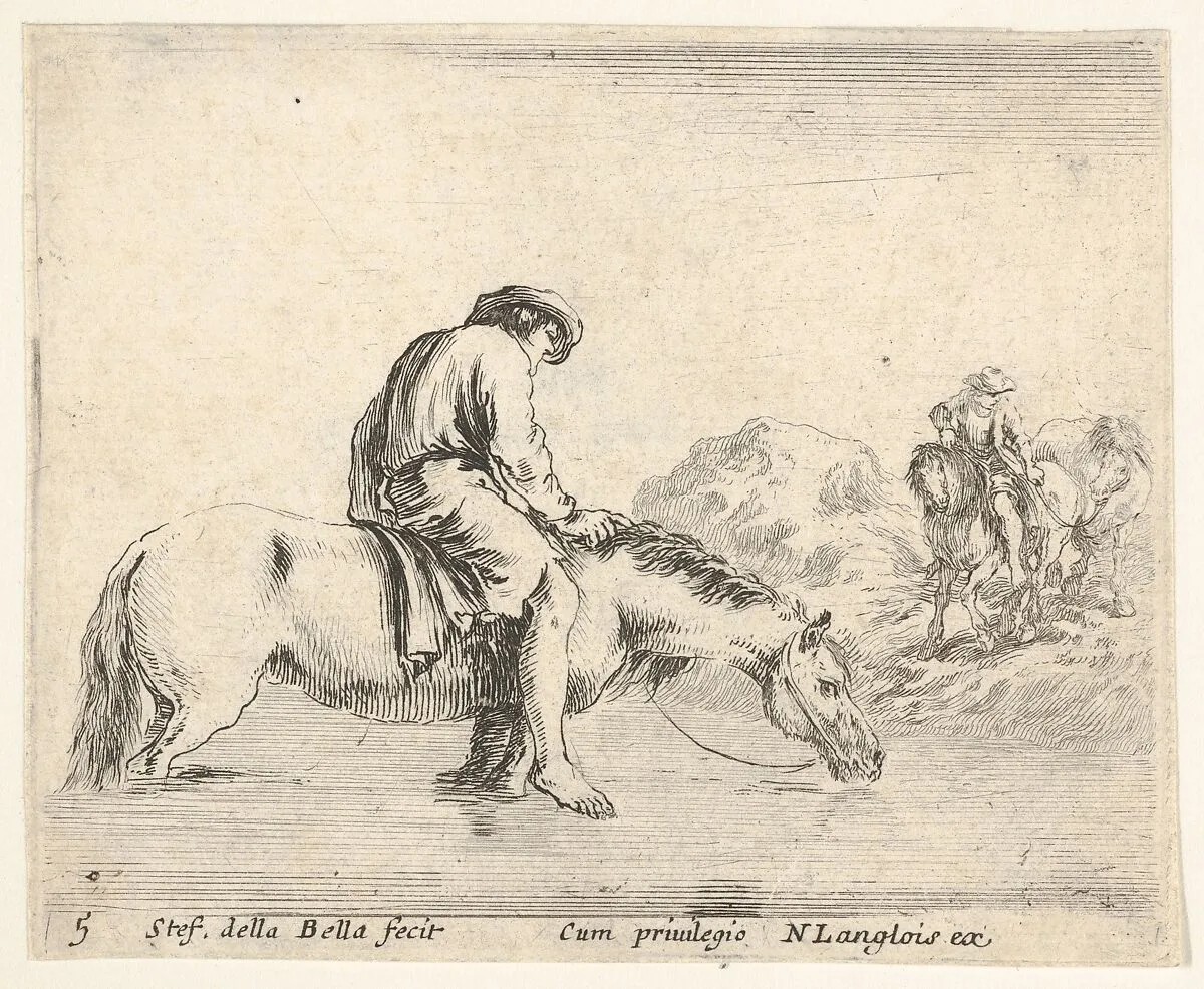 Plate 5: a barefoot peasant on horseback crossing a river, another peasant on horseback and leading a horse on a bank to right in the background, from 'Diversi capricci' — Stefano della Bella|Nicolas Langlois