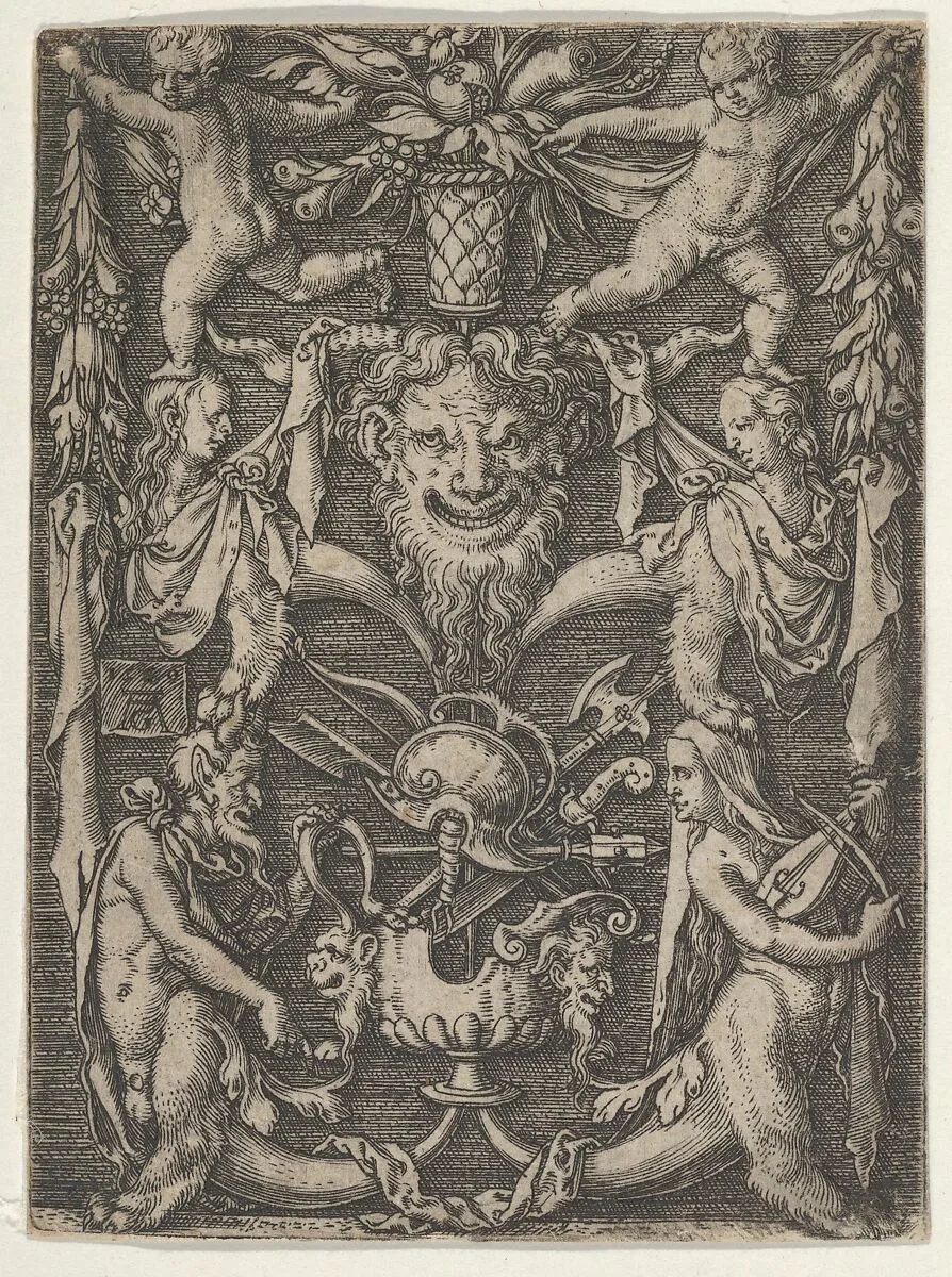 Panel with Grotesque Candelabrum Containing Satyrs, Children and a Trophy — Heinrich Aldegrever