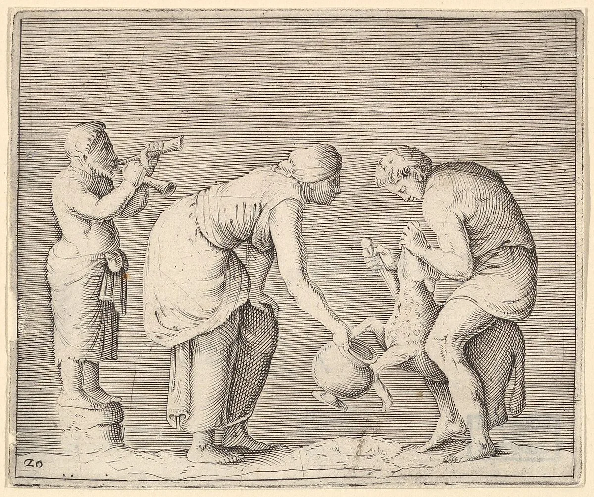 A Woman Collecting Blood from a Sheep, from "Ex Antiquis Cameorum et Gemmae Delineata/ Liber Secundus/et ab Enea Vico Parmen Incis" — Francesco Angeloni|Battista Franco|Philippe Thomassin|Enea Vico|Anonymous, Italian, 16th century
