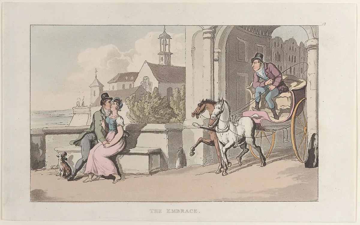 The Embrace, from "Journal of Sentimental Travels in the Southern Provinces of France, Shortly Before the Revolution" — Rudolph Ackermann, London|William Combe|Thomas Rowlandson|J. Diggens