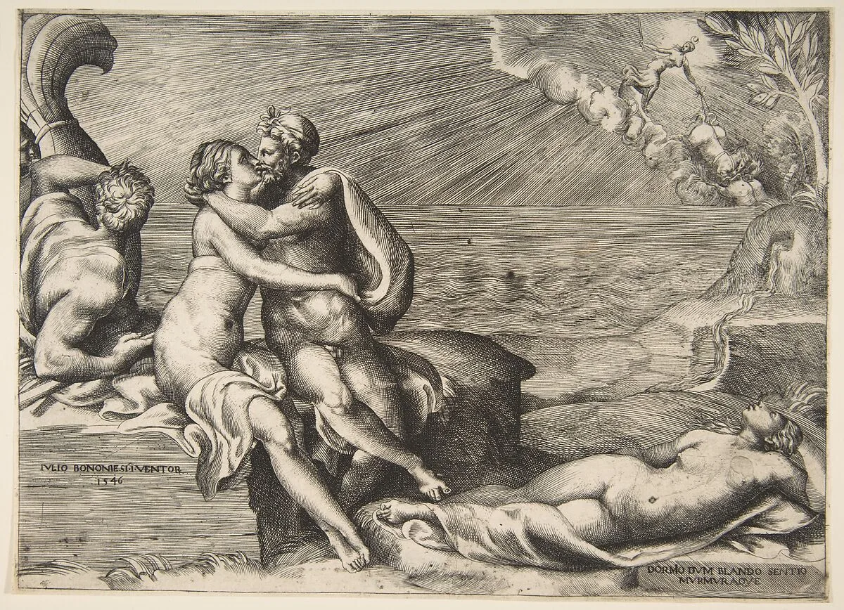 Jupiter's love for Juno rekindled when she puts on Venus's Girdle — Giulio Bonasone