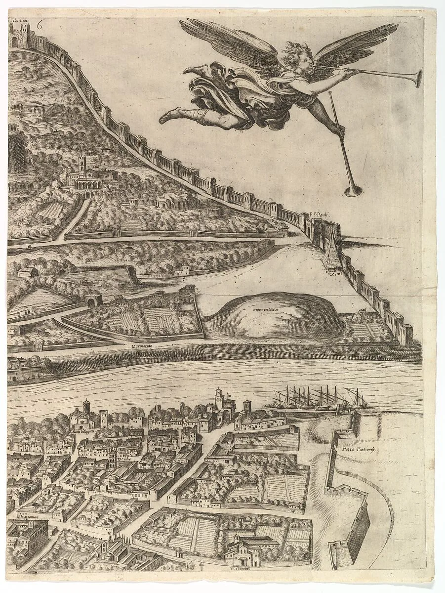 Plan of the City of Rome. Part 6 with the Aurelian city wall, the Porta Portuensis (Ostiensis?) and the Sepulcre of Caius Cestius. — Giovanni Domenico de Rossi|Cardinal Camillo Pamphili|Antonio Tempesta