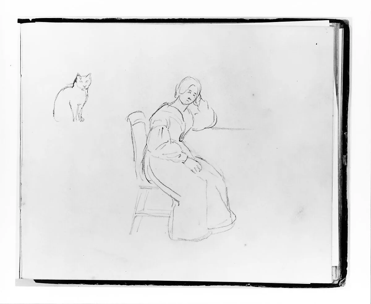 Cat; Seated Woman Leaning on a Table or Ledge (from Sketchbook) — Francis William Edmonds