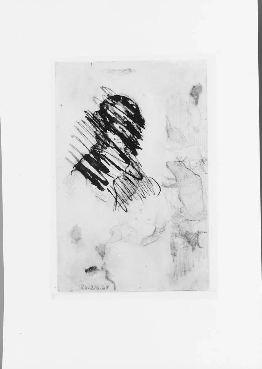 Sketches: Cows; Two Female Portraits, One Crossed Out (from McGuire Scrapbook) — Emanuel Leutze