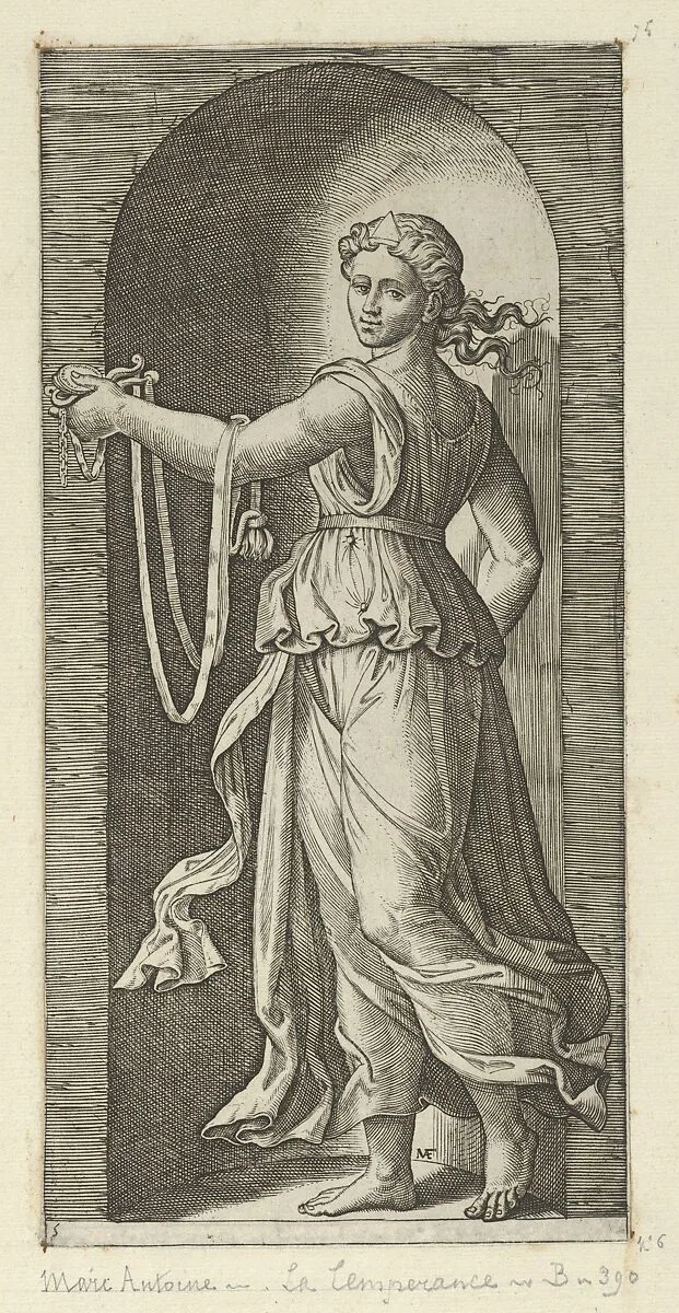 Temperance personfied by a woman standing in a niche holding a bit, from 'The Virtues' — Marcantonio Raimondi|Raphael (Raffaello Sanzio or Santi)