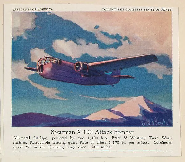 Stearman X-100 Attack Bomber, collector card from the Airplanes of America series (D2), issued by the Kelley Baking Company to promote Kelley's Bread — Kelley Baking Company