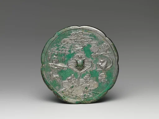 唐 真子飛霜故事鏡|Mirror with immortal and phoenix in a landscape