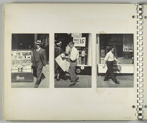 [Pedestrians, New York City: Man in Pinstriped Suit and Magazine Rack; Man Reading Newspaper and Walking Past Storefront with "Malted Milk 15¢" Sign; Man Walking Past Lunchroom Window]