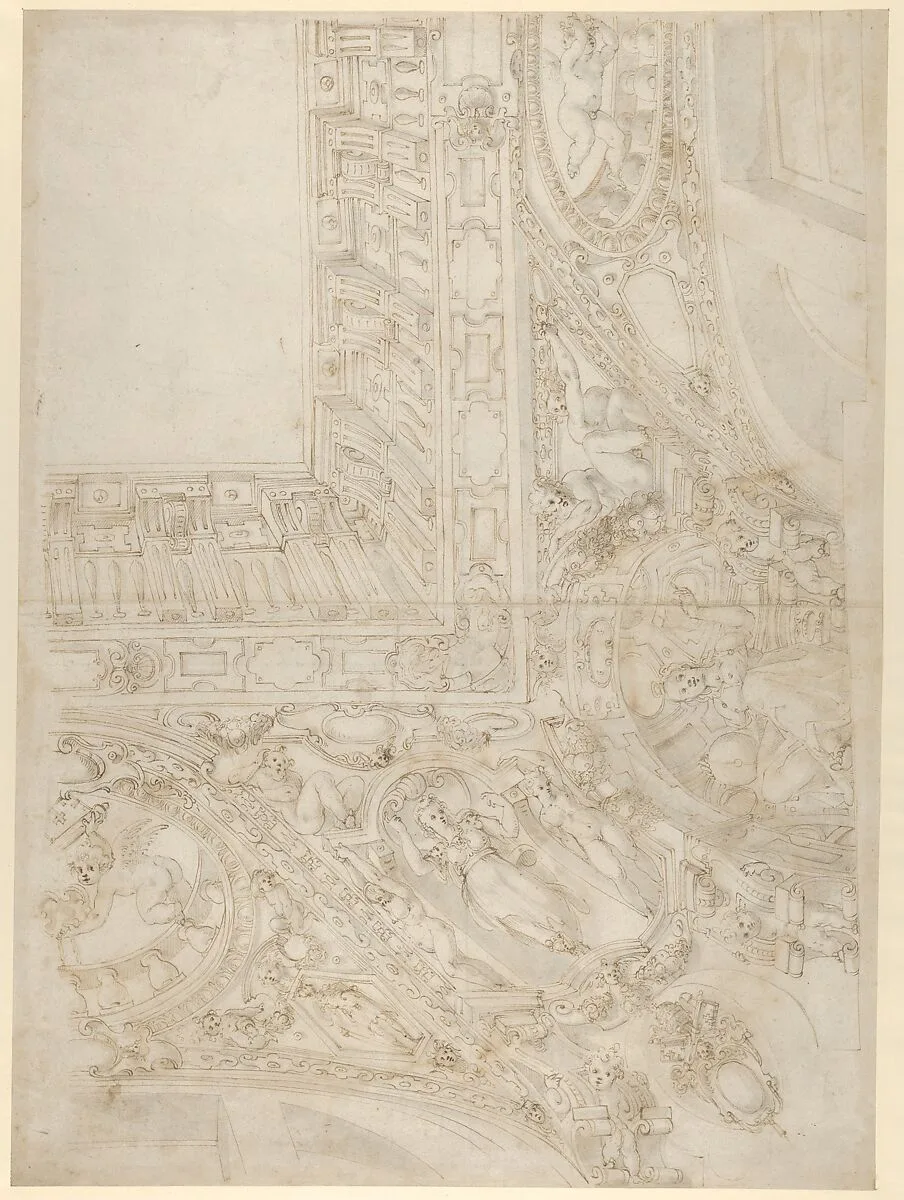 Project for a Rectangular Ceiling with Papal Coat of Arms (recto); Design for a Courtyard (verso) — Giovanni Alberti