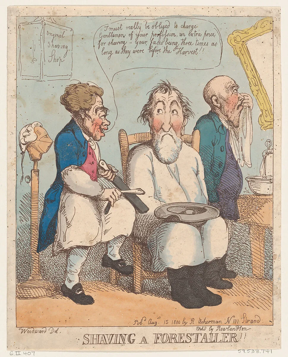 Shaving a Forestaller — George Murgatroyd Woodward|Rudolph Ackermann, London|Thomas Rowlandson