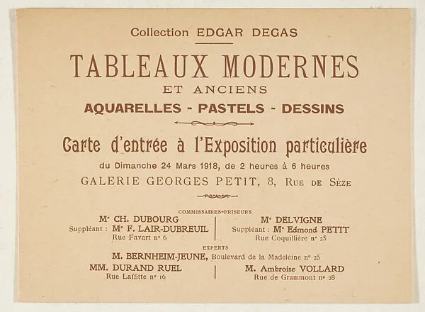 Entrance card to the sale exhibition of Edgar Degas's collection at Galerie Georges Petit, Paris, opening March 24, 1918 — Unknown