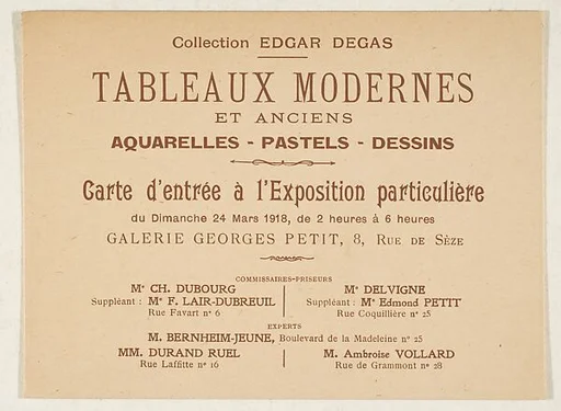 Entrance card to the sale exhibition of Edgar Degas's collection at Galerie Georges Petit, Paris, opening March 24, 1918