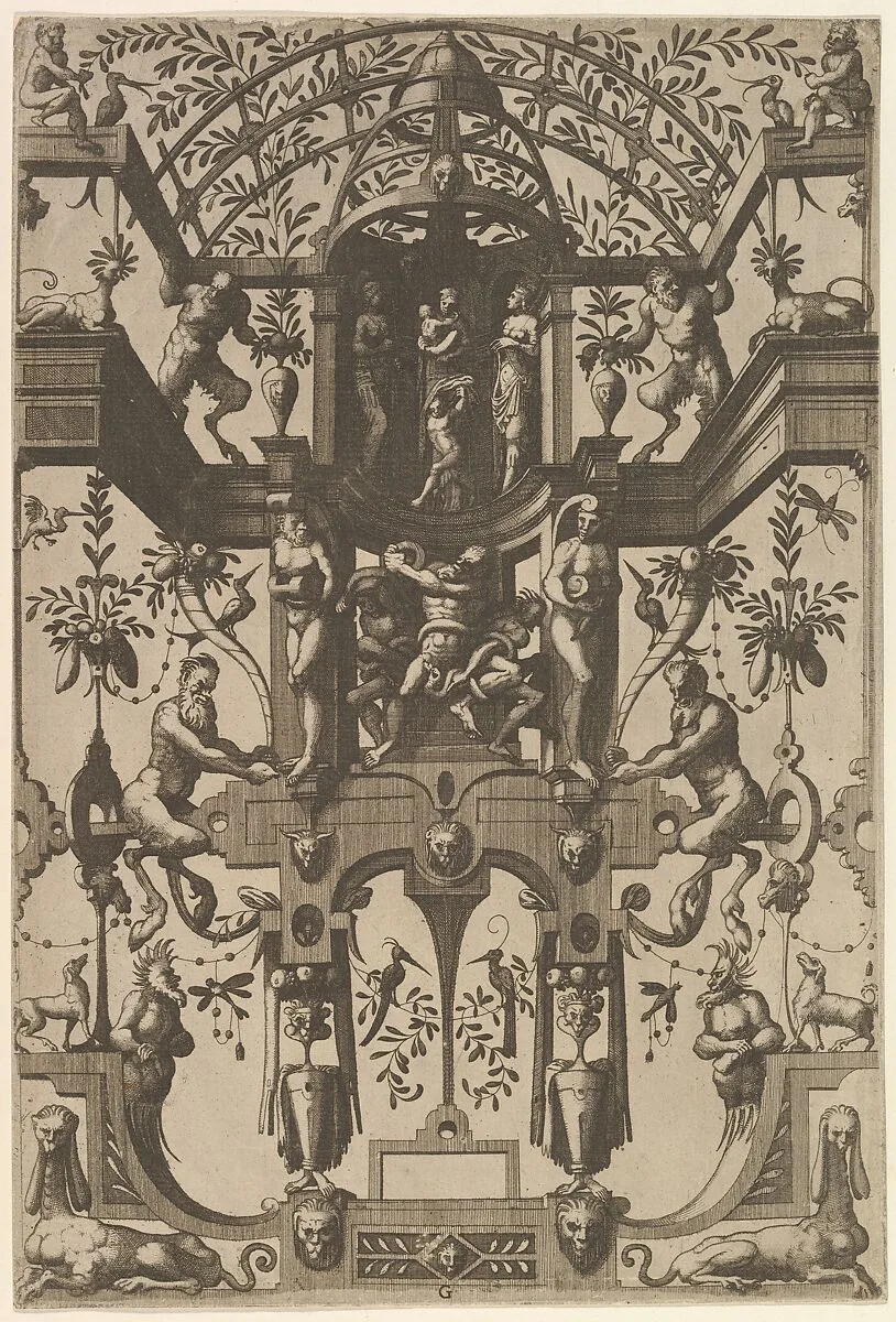 Surface Decoration, Grotesque with Strapwork, including Double Wall Niche, at the Top the Christian Virtues Faith, Hope and Charity, at the Center the Laocoon from Veelderleij Veranderinghe van grotissen ende Compertimenten...Libro Primo — Johannes van Doetecum I|Lucas van Doetecum|Cornelis Floris II