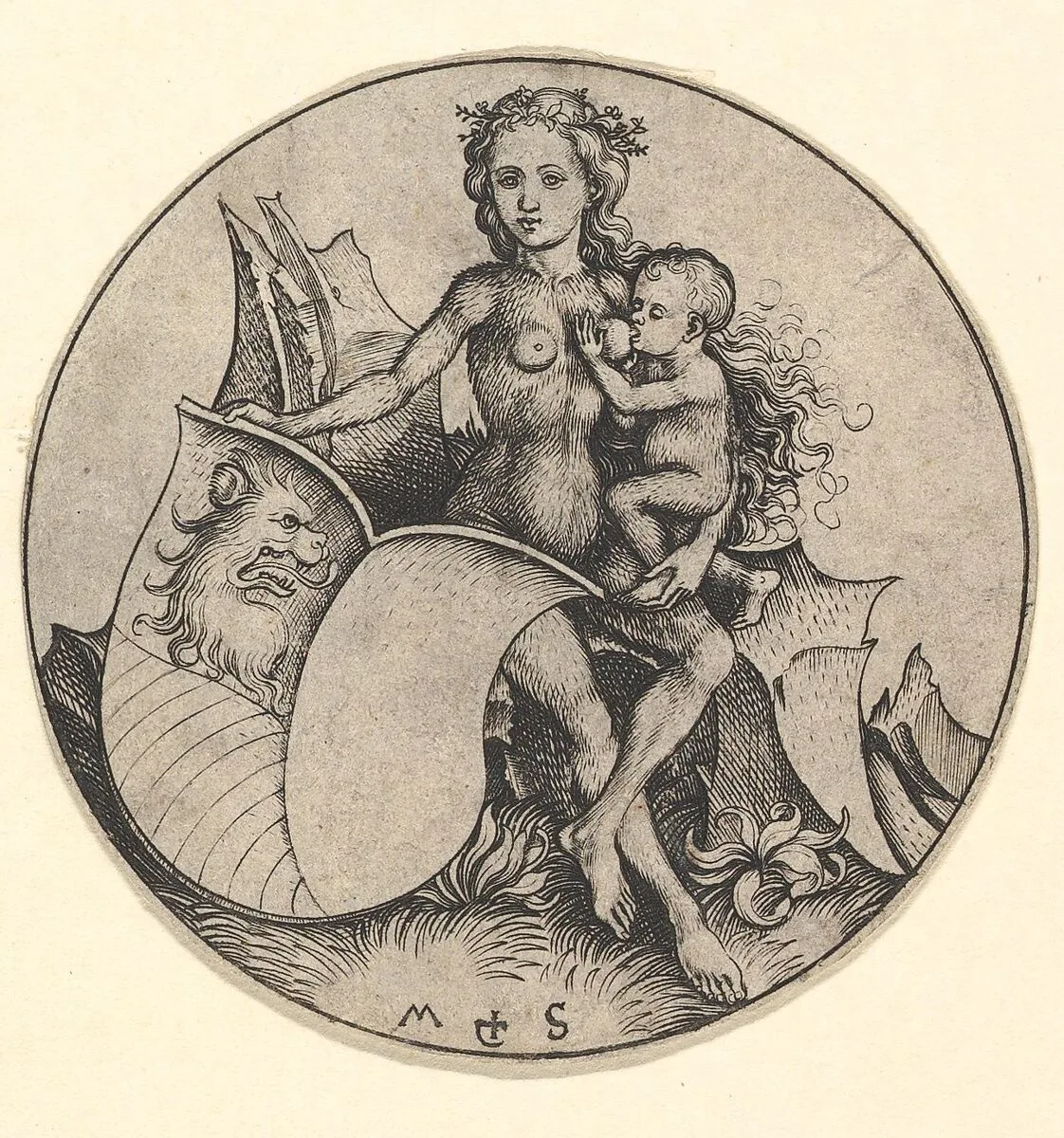 Wild Woman Holding a Shield with a Lion's Head — Martin Schongauer