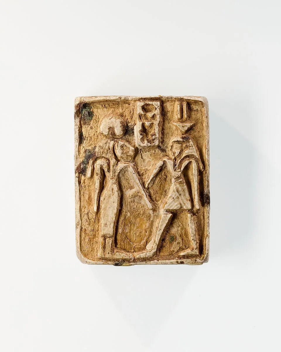 Plaque: side 1, Sakhmet and Nefertum on either side of the name Menkheperre (Thutmose III); side 2, rider and trampled captive — Unknown