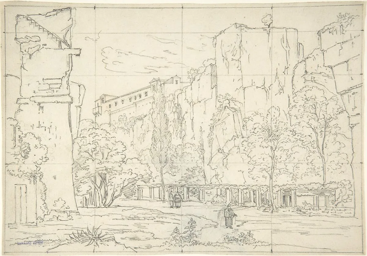Italian View: A Pathway and Arbor at the Base of Cliffs — Friedrich Salathé