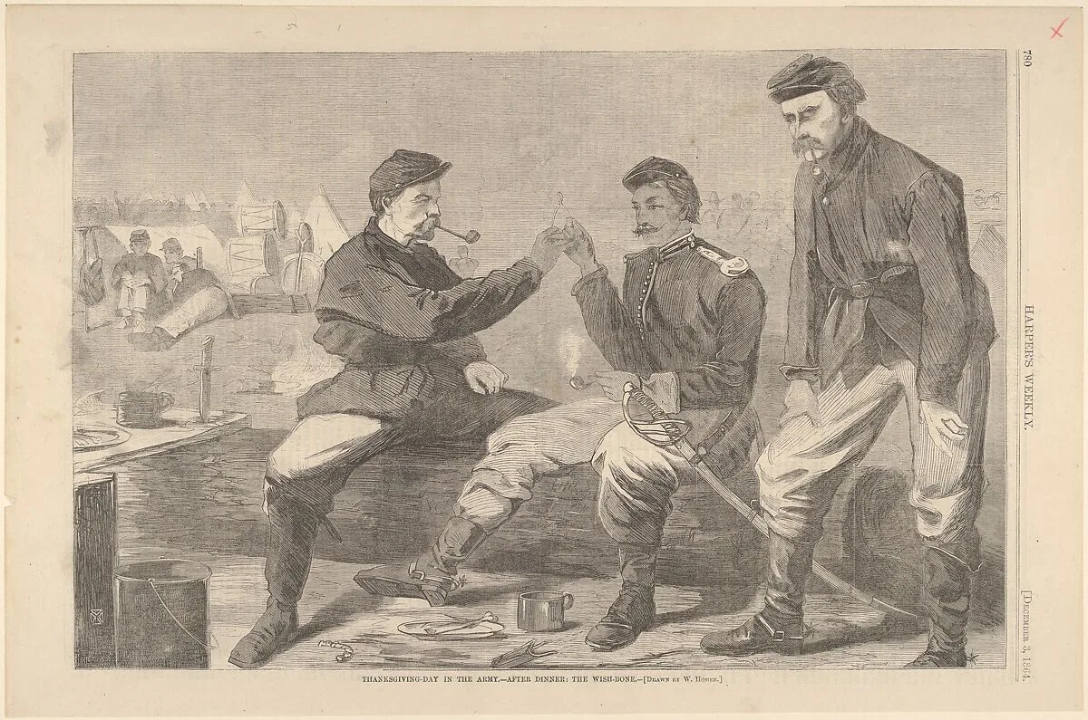 Thanksgiving Day in the Army – After Dinner: The Wish-Bone (from "Harper's Weekly," Vol. VIII) — Winslow Homer|Harper's Weekly|Harper & Brothers