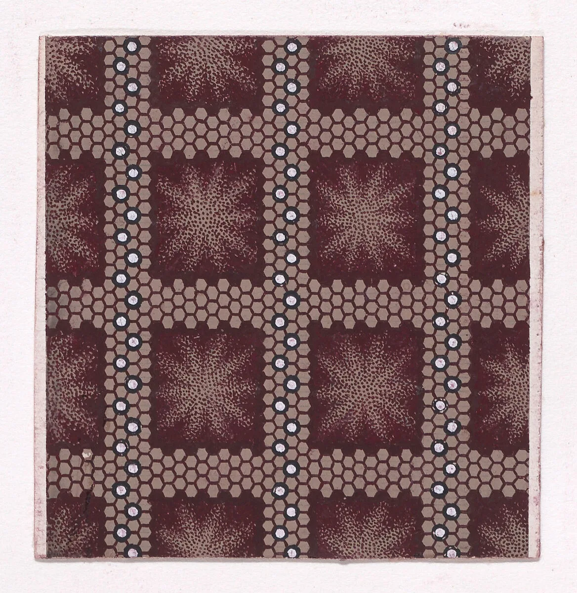 Textile Design with a Checked Pattern of Intersecting Honeycomb Lines and Vertical Stripes of Pearls — Anonymous, Alsatian, 19th century