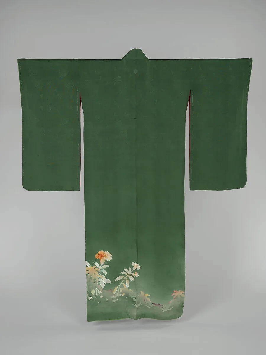 緑綸子地鶏頭模様着物|Kimono with Cockscomb Flowers — Unknown