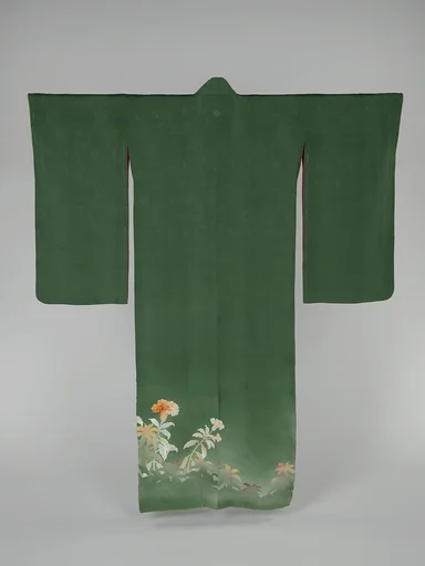 緑綸子地鶏頭模様着物|Kimono with Cockscomb Flowers