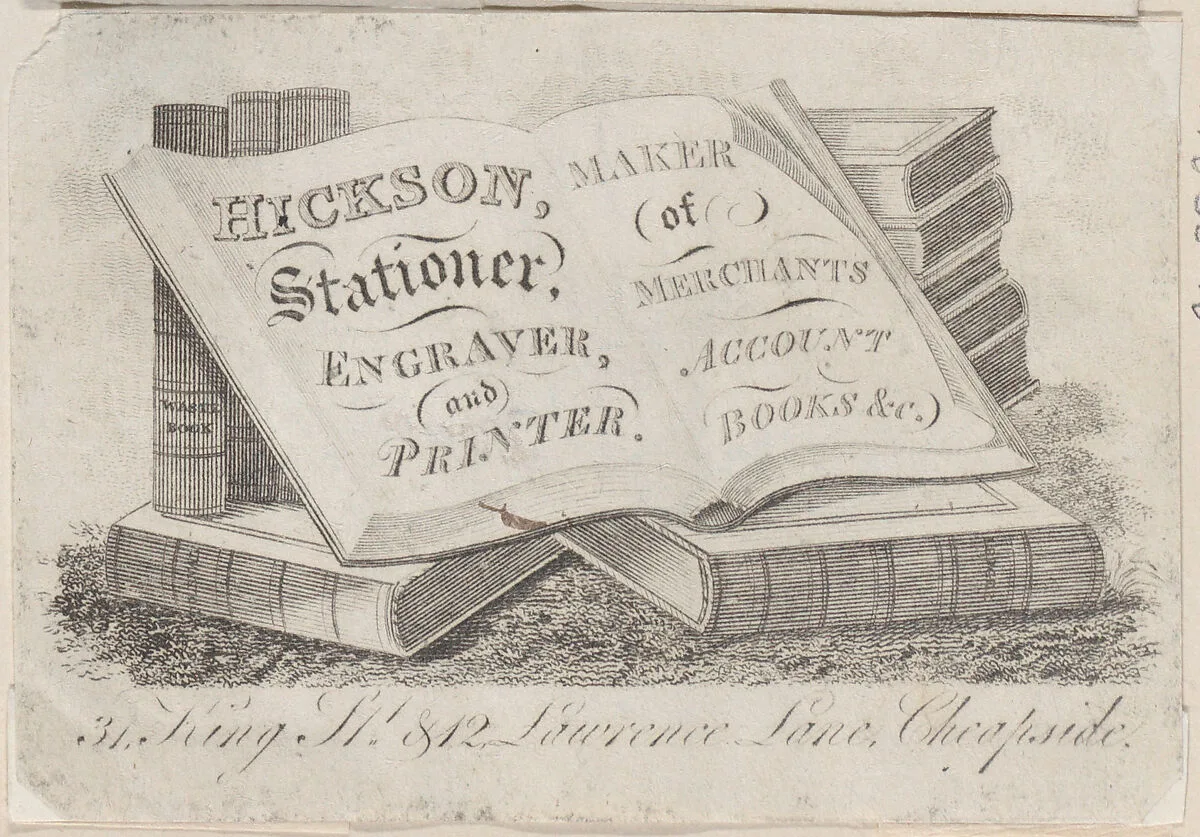 Trade Card for Hickson, Stationer, Engraver, and Printer — Anonymous, British, 19th century