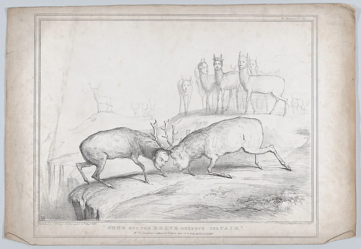 "None But the Brave Deserve the Fair" – Mr. E. Landseer's admired Picture seen in a new point of view — Alfred Ducôte|Sir Edwin Henry Landseer|John Doyle|Arthur Wellesley, 1st Duke of Wellington|Sir Robert Peel|Lord John Russell|Thomas McLean