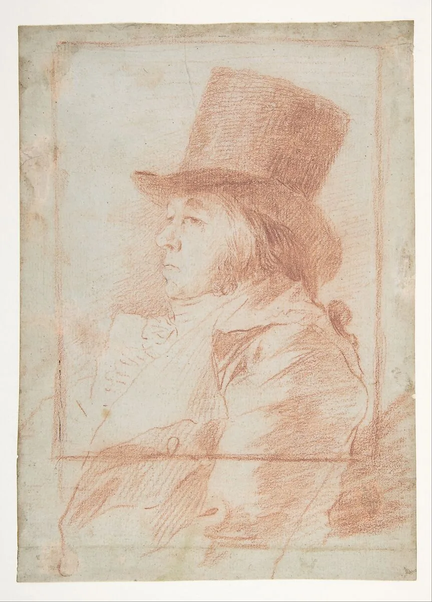 Self-Portrait; wearing a top hat facing left within a drawn frame (recto); two studies of his face (verso) — Goya (Francisco de Goya y Lucientes)|Goya (Francisco de Goya y Lucientes)