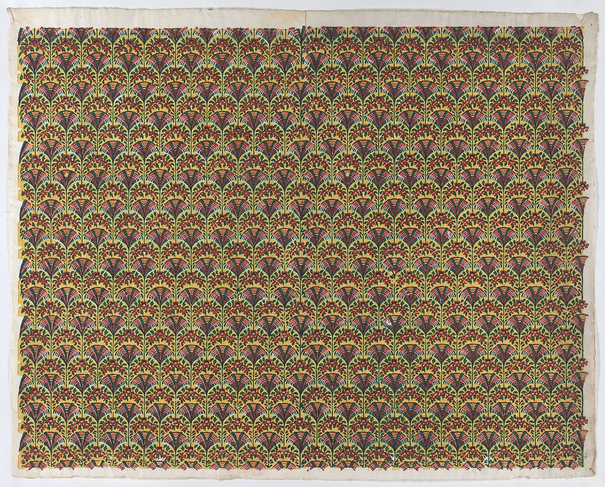 Sheet with overall fan design in yellow, green, and red — Remondini Family|Anonymous