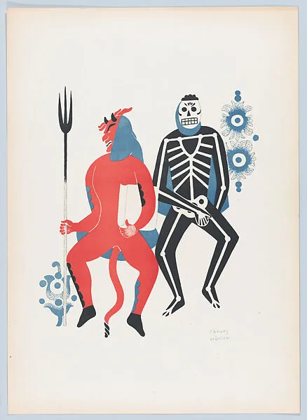 Two dancing men in costume from Huixquilucan at the fiesta of the Huehuenches, from the portfolio 'Carnival in Mexico' — Talleres Gráficos de la Nación, Mexico, D.F.|Carlos Mérida