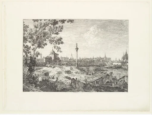 Imaginary View of Padua, with a campanile and domed church at left, a column surmounted by a statue of a saint at center, and a cottage and water-mill at right in the foreground, from 'Views' (Vedute altre prese da i luoghi altre ideate da Antonio Canal)