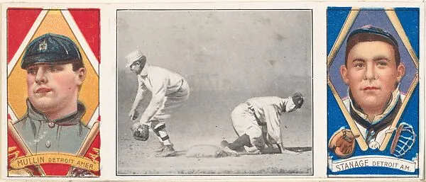 "A Wide Throw Saves Crawford," with Oscar Stanage and George J. Mullin, from the series Hassan Triple Folders (T202) — Hassan Cigarettes