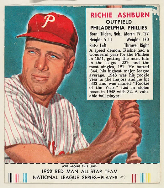 Richie Ashburn, from the Red Man All-Star Team series (T232), issued by Red Man Chewing Tobacco — Red Man Chewing Tobacco