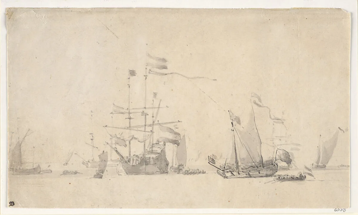 Dutch Ships at Anchor with a Yacht Lying Head to the Wind — Willem van de Velde II