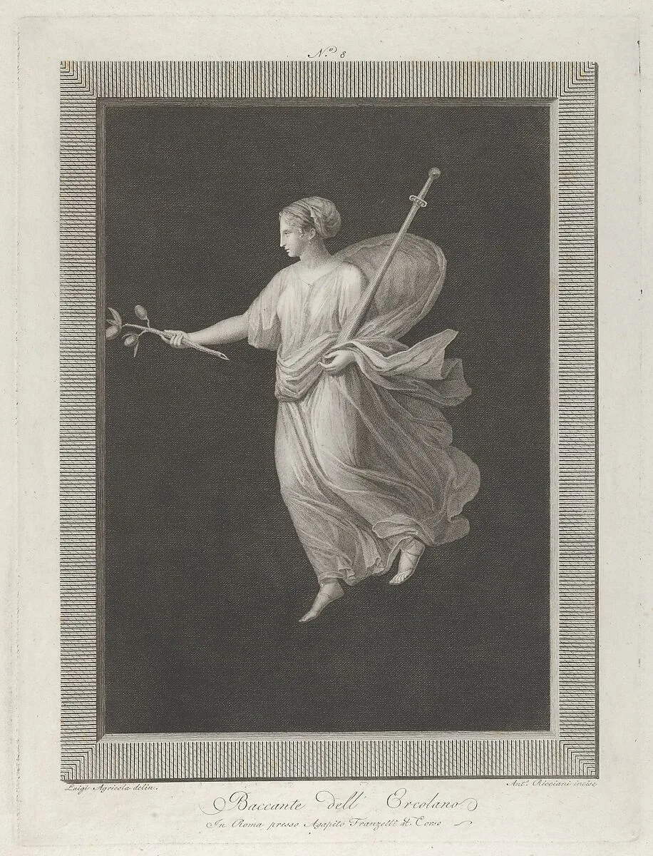 A bacchante holding a sword in her left arm and a branch with fruit in her right hand, set against a black background inside a rectangular frame — Agapito Franzetti|Luigi Agricola|Antonio Ricciani