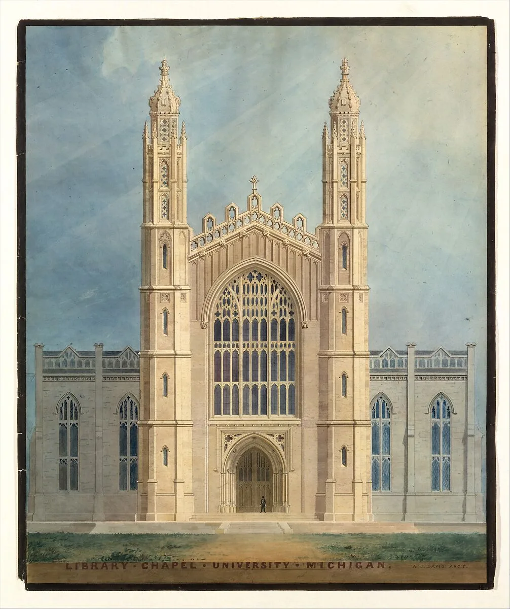 Library and Chapel, University of Michigan, Ann Arbor (front elevation) — Alexander Jackson Davis