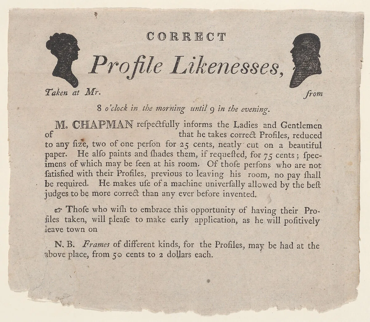Advertisement for profile likenesses by Moses Chapman — Anonymous|Moses Chapman